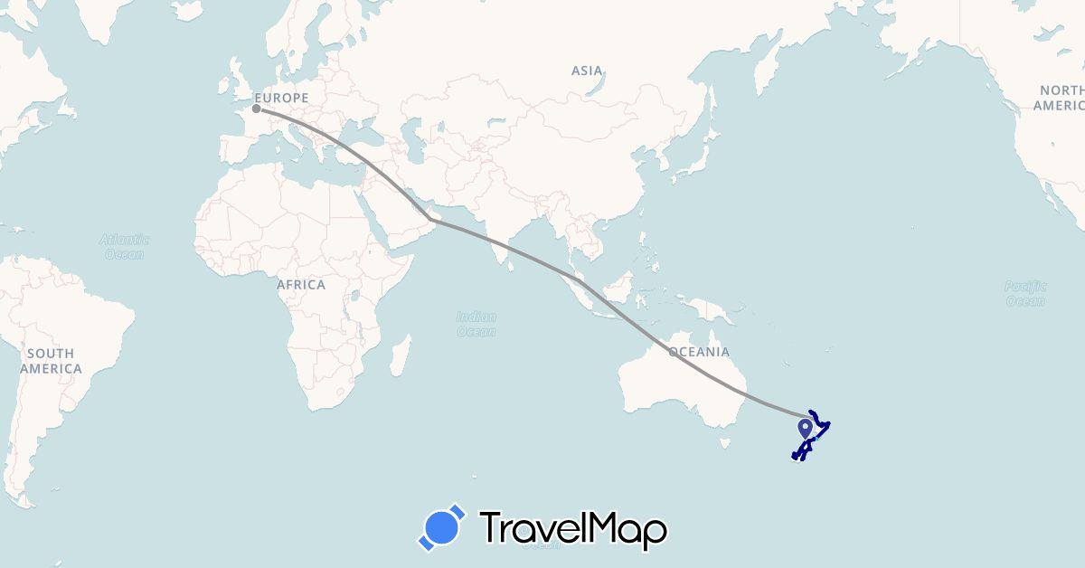TravelMap itinerary: driving, plane, boat in France, Malaysia, New Zealand, Oman (Asia, Europe, Oceania)